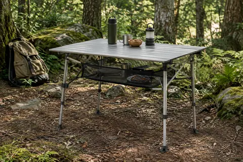 Table de camping pliante en aluminium clair avec pieds réglables et rangement en maille, installée en sous-bois.