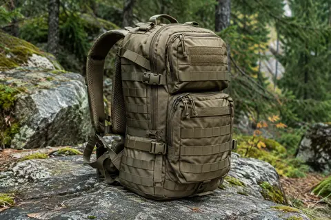 Sac à dos tactique kaki avec sangles MOLLE posé sur une roche dans un sous-bois de montagne