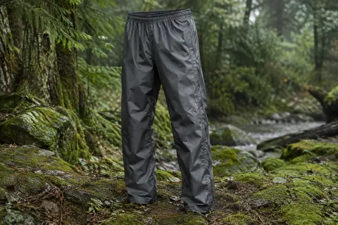 Pantalon de pluie Regatta en polyamide léger présenté seul dans un décor de sous-bois humide.