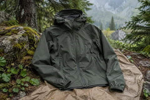 Veste imperméable de randonnée pour homme avec capuche intégrée et poignets élastiques, posée dans un sous-bois.