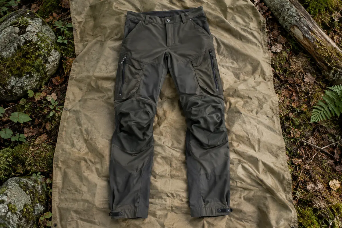 Pantalon de randonnée homme avec poches, zips d’aération aux cuisses et bas de jambes réglables, posé en sous-bois.