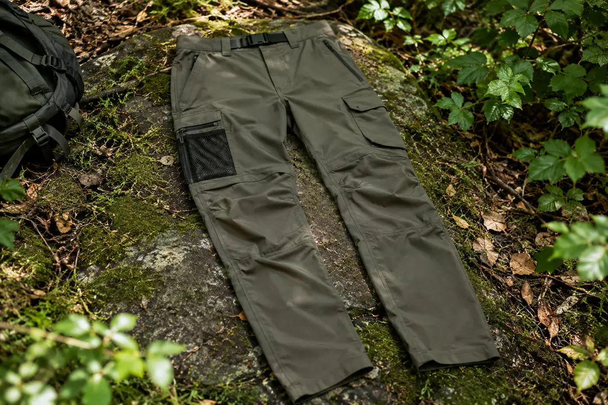 Pantalon de randonnée RevolutionRace RVRC GP posé dans un sous-bois, avec ses poches fonctionnelles visibles.
