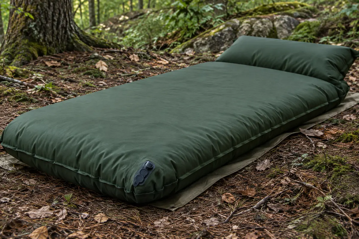 Matelas de bivouac vert ROPODA avec oreiller intégré, posé sur le sol d’un sous-bois