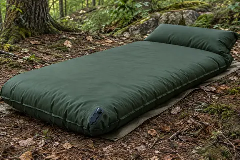 Matelas de bivouac vert ROPODA avec oreiller intégré, posé sur le sol d’un sous-bois