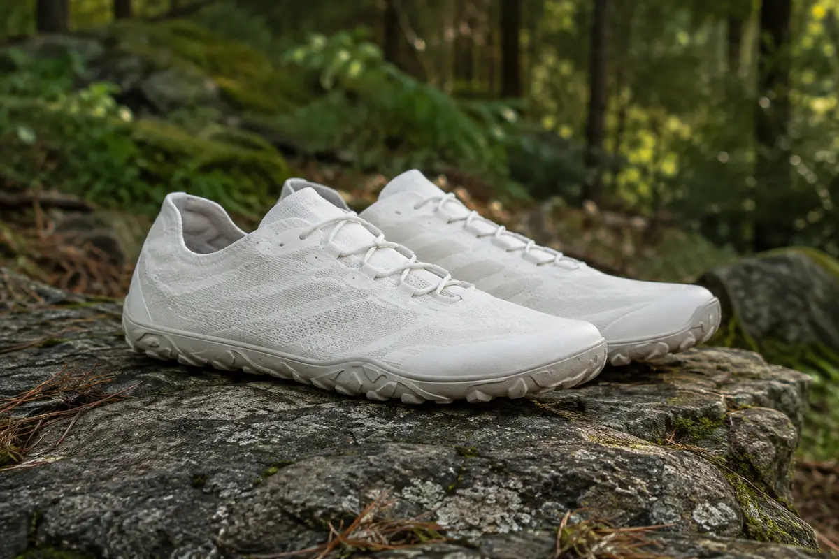 Paire de chaussures de trail minimalistes blanches à tige courte et semelle en caoutchouc, posée en sous-bois.