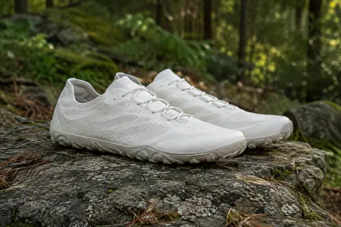 Paire de chaussures de trail minimalistes blanches à tige courte et semelle en caoutchouc, posée en sous-bois.