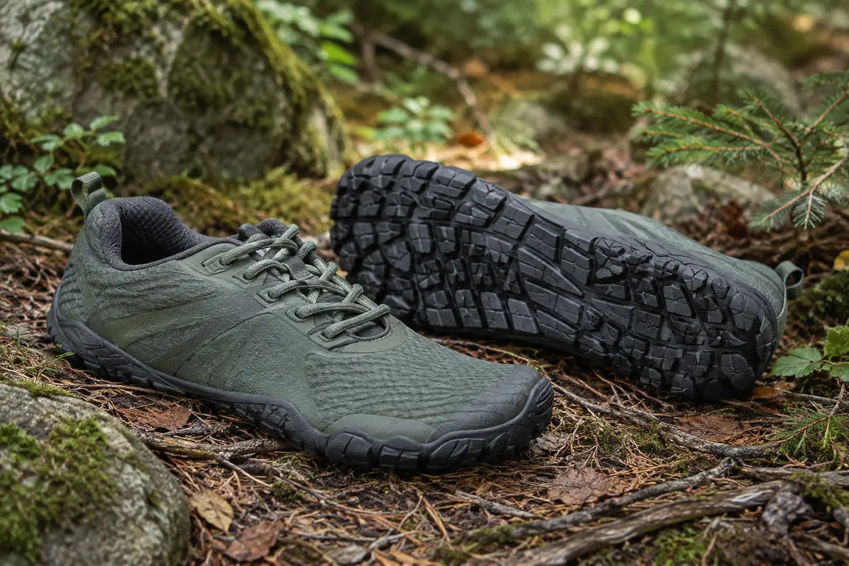 Chaussures de trail minimalistes SAGUARO à bout large et semelle en caoutchouc posées sur un sous-bois.