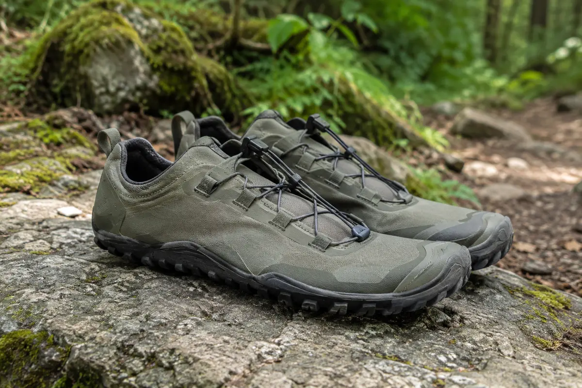 Paire de chaussures de trail minimalistes Saguaro posée sur une pierre au bord d’un sentier forestier.