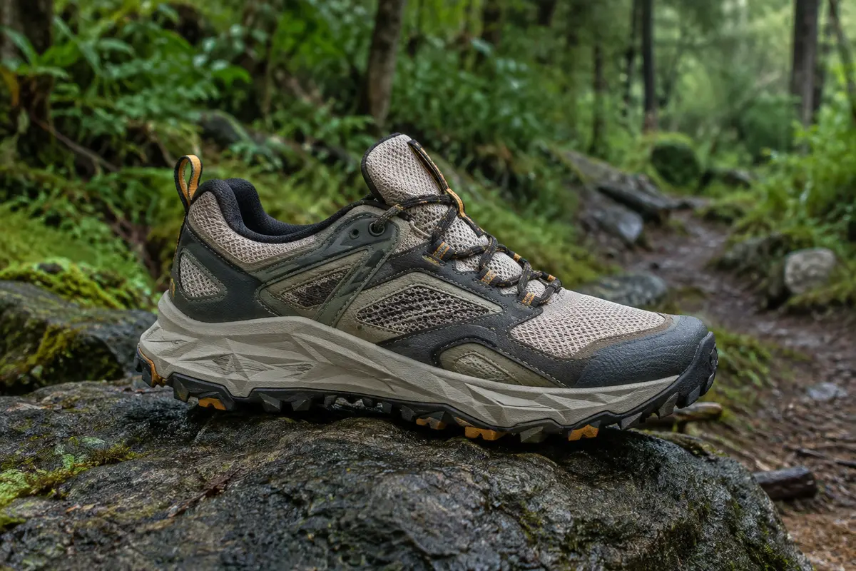 Chaussure de trail pour homme avec languette flottante et semelle à relief marqué, posée en sous-bois.