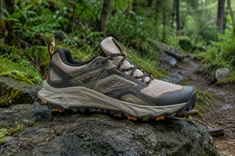 Chaussure de trail pour homme avec languette flottante et semelle à relief marqué, posée en sous-bois.