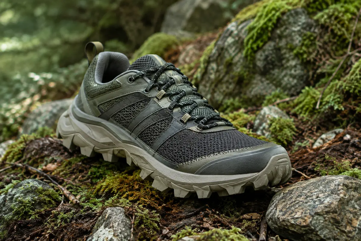 Chaussure de trail à crampons larges et espacés posée sur un sous-bois de montagne
