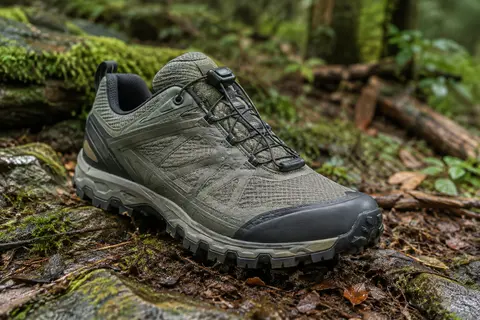 Chaussure de trail avec laçage rapide et semelle à crampons, posée sur un sol de sous-bois.