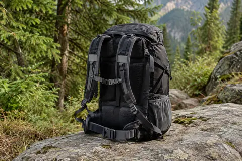 Sac à dos noir et gris de 20 litres posé sur une pierre en sous-bois, avec poches latérales extensibles