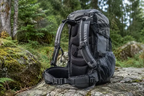 Sac à dos de randonnée noir et gris de 30 litres posé sur une pierre en sous-bois