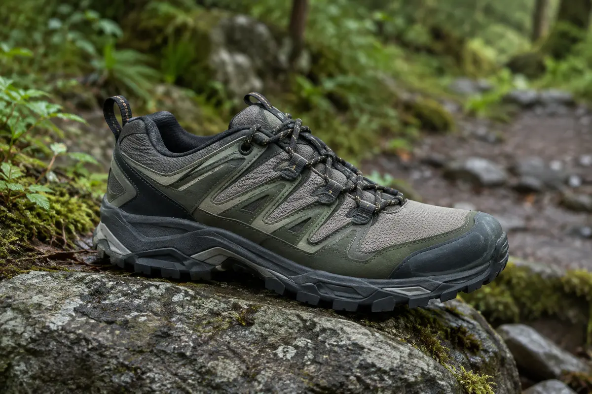 Chaussure basse de randonnée avec membrane Gore-Tex posée sur une pierre au bord d’un sentier forestier