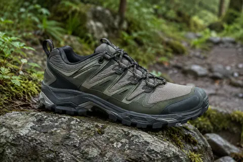 Chaussure basse de randonnée avec membrane Gore-Tex posée sur une pierre au bord d’un sentier forestier