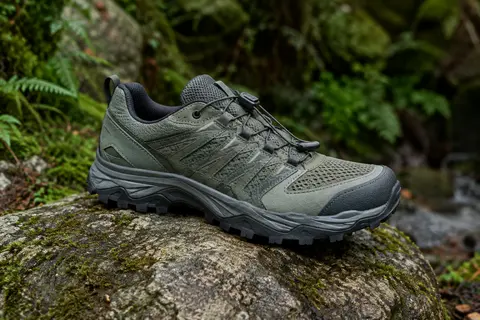 Chaussure de trail pour femme posée sur une pierre en sous-bois, avec semelle en caoutchouc visible.