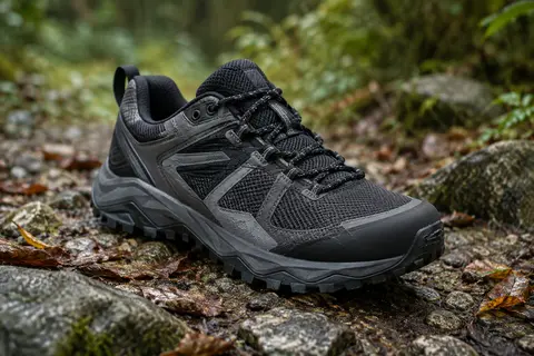 Chaussure de trail noire et gris Magnet, avec tige textile et semelle en caoutchouc, posée sur un sentier forestier.