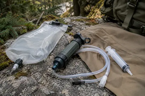 Filtre à eau Sawyer Squeeze avec poche souple et accessoires disposés sur une pierre en sous-bois