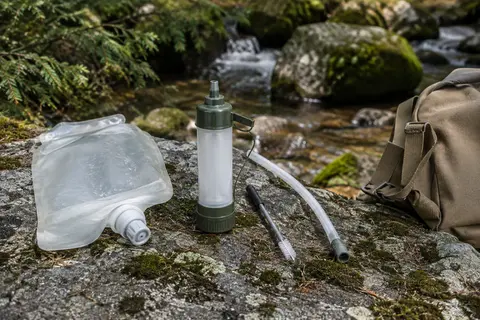 Filtre à eau Sawyer Mini en plastique avec une poche souple et une paille, posé près d’un ruisseau en forêt.