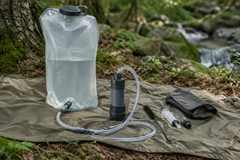 Système de filtration d’eau gravitaire avec poche de 3,8 litres, filtre compact, tuyau et accessoires