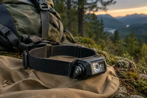 Lampe frontale noire en aluminium avec bandeau réglable, posée sur une toile dans un sous-bois