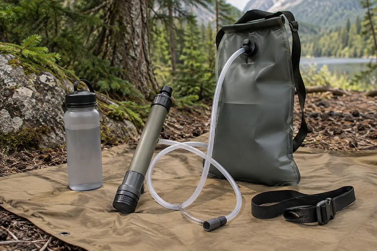 Paille filtrante portable avec tube et sac gravitaire de 3 litres posés dans un décor forestier