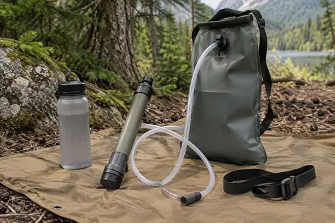 Paille filtrante portable avec tube et sac gravitaire de 3 litres posés dans un décor forestier