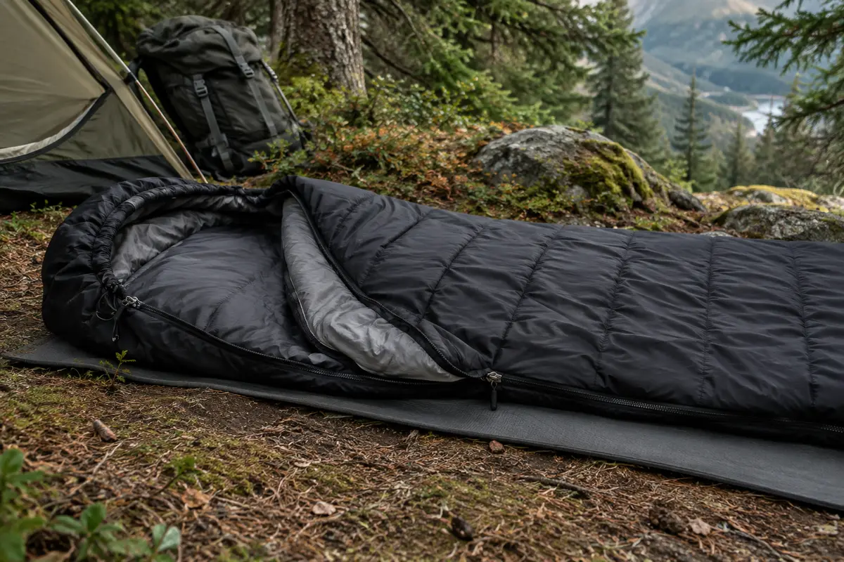 Sac de couchage noir Sportneer partiellement ouvert sur un tapis de sol dans un sous-bois