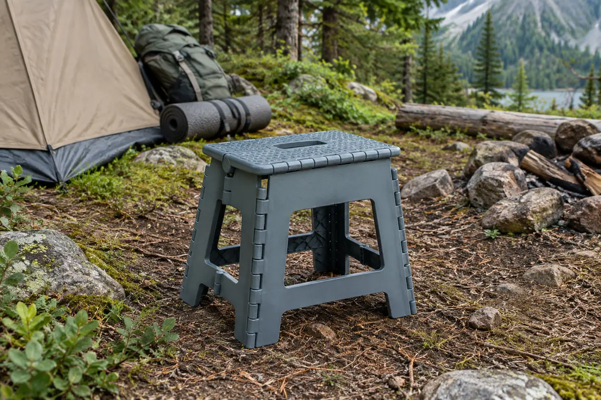 Tabouret pliant STARK gris bleu ouvert dans un sous-bois, avec sa poignée de transport intégrée