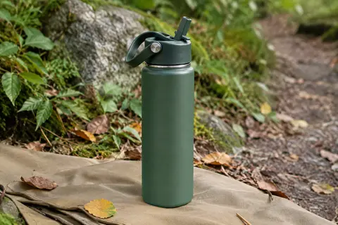 Gourde isotherme jade en inox avec couvercle à paille rabattable, posée sur une toile sable en sous-bois.