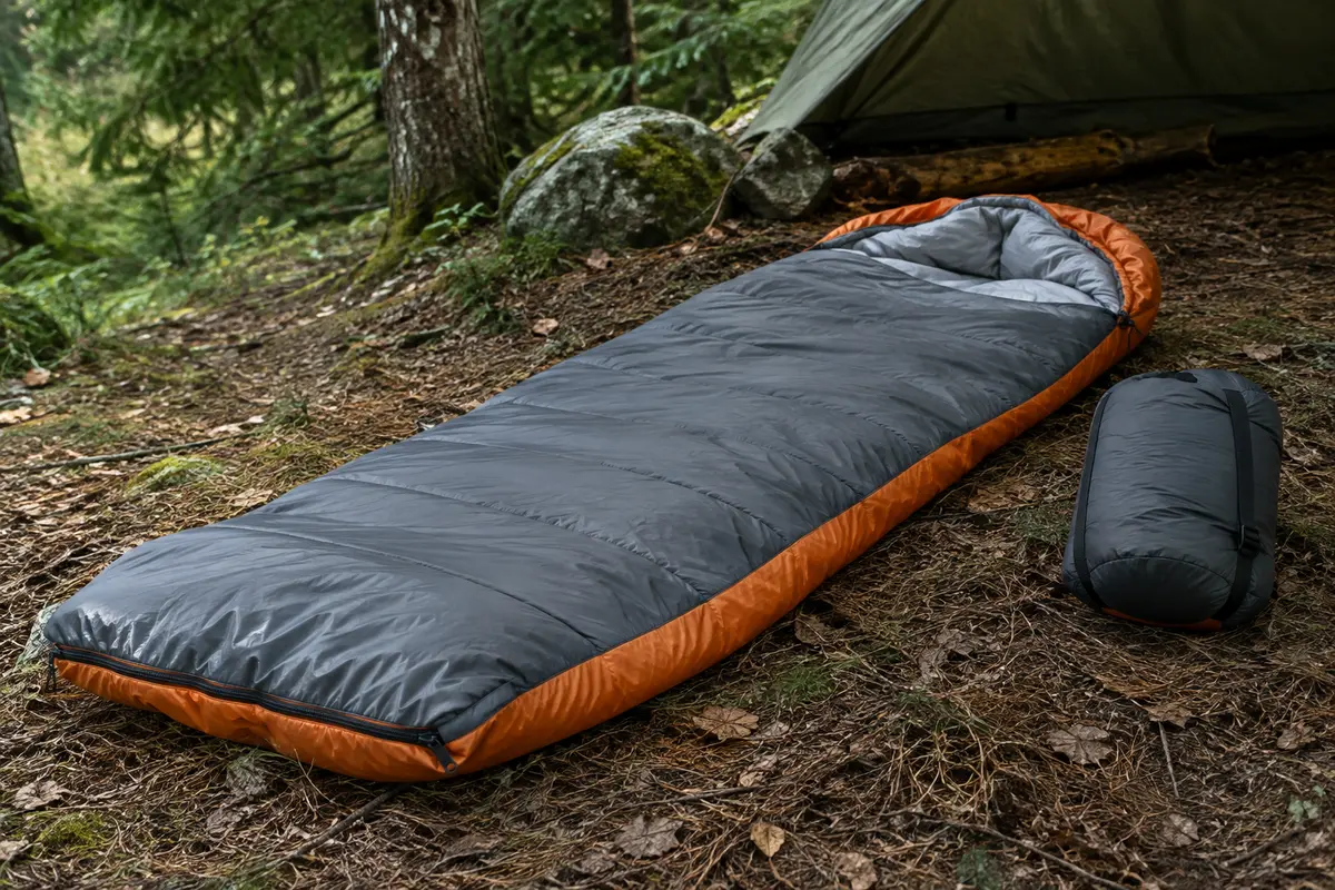 Sac de couchage gris et orange déplié dans un sous-bois, avec son sac de compression à côté.
