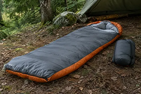 Sac de couchage gris et orange déplié dans un sous-bois, avec son sac de compression à côté.