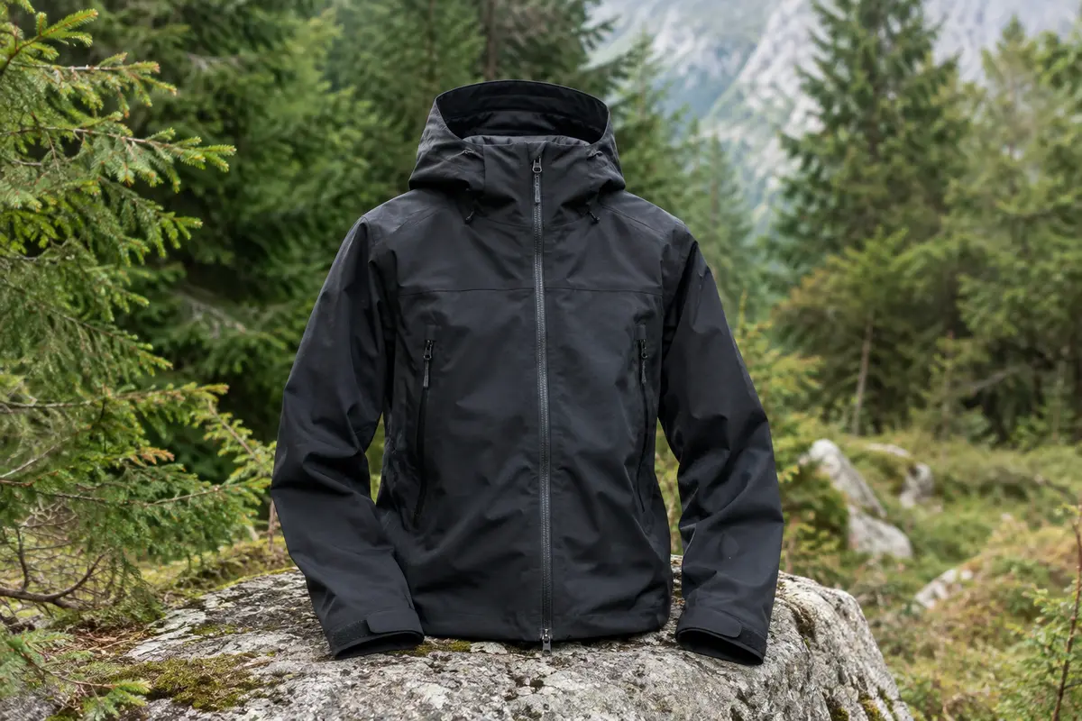 Veste de randonnée imperméable noire en textile synthétique, posée sur un rocher dans un sous-bois.