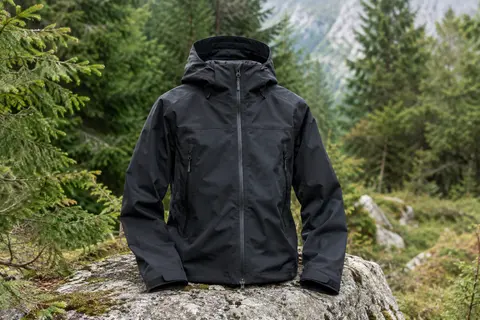 Veste de randonnée imperméable noire en textile synthétique, posée sur un rocher dans un sous-bois.