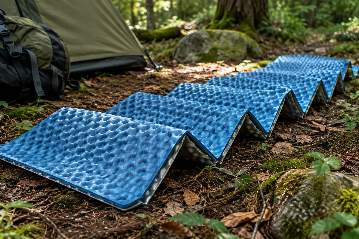 Matelas de bivouac pliable bleu et argent posé sur un sol forestier, avec ses reliefs et alvéoles visibles.