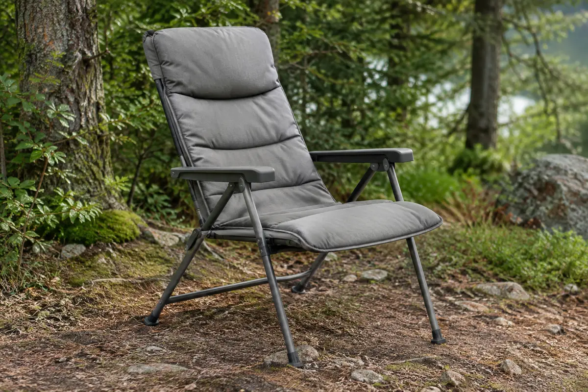 Chaise de camping pliante grise à dossier haut réglable, installée dans un sous-bois calme.