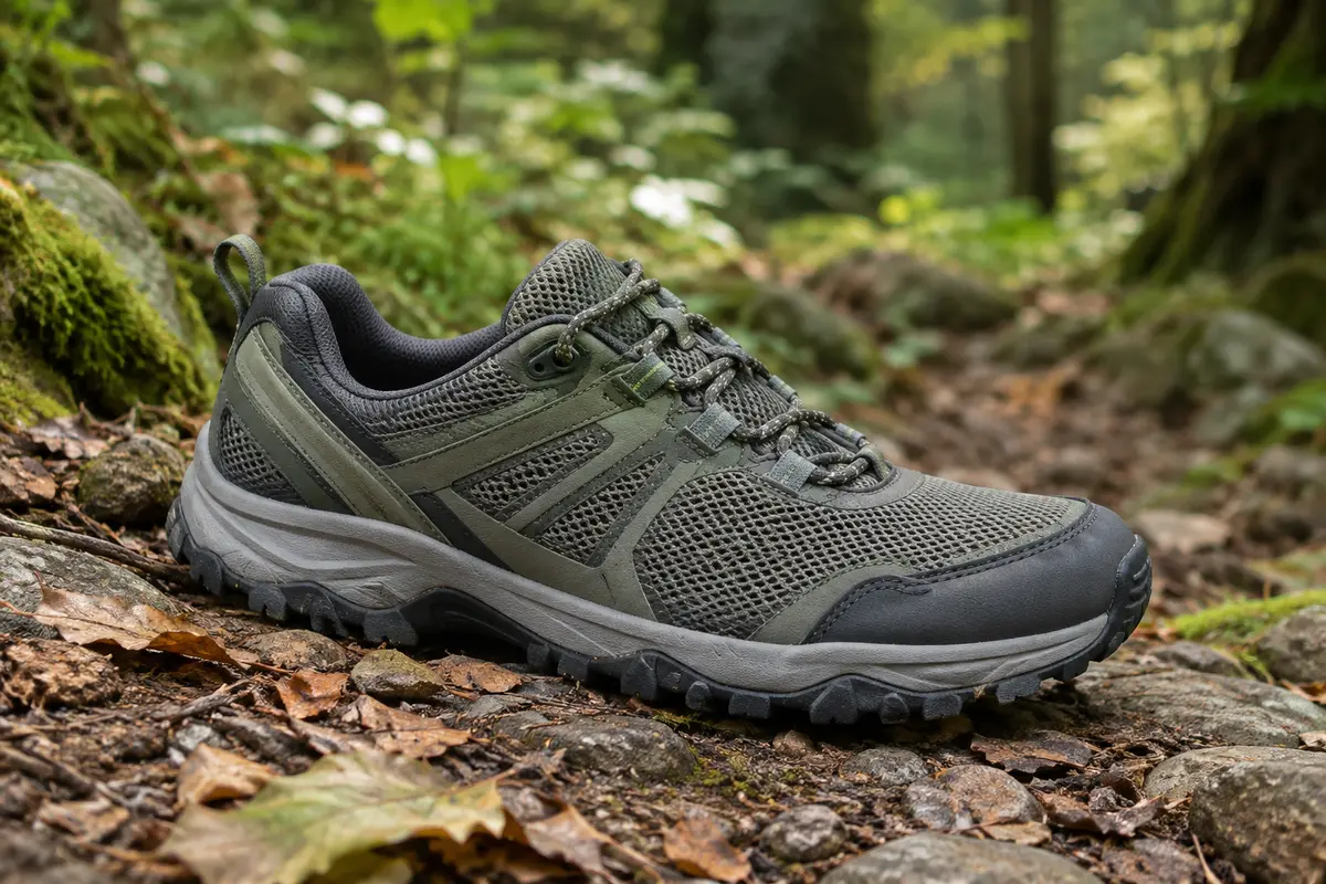 Chaussure de trail Tracefinder à tige en mesh et empiècements synthétiques posée sur un sentier forestier.