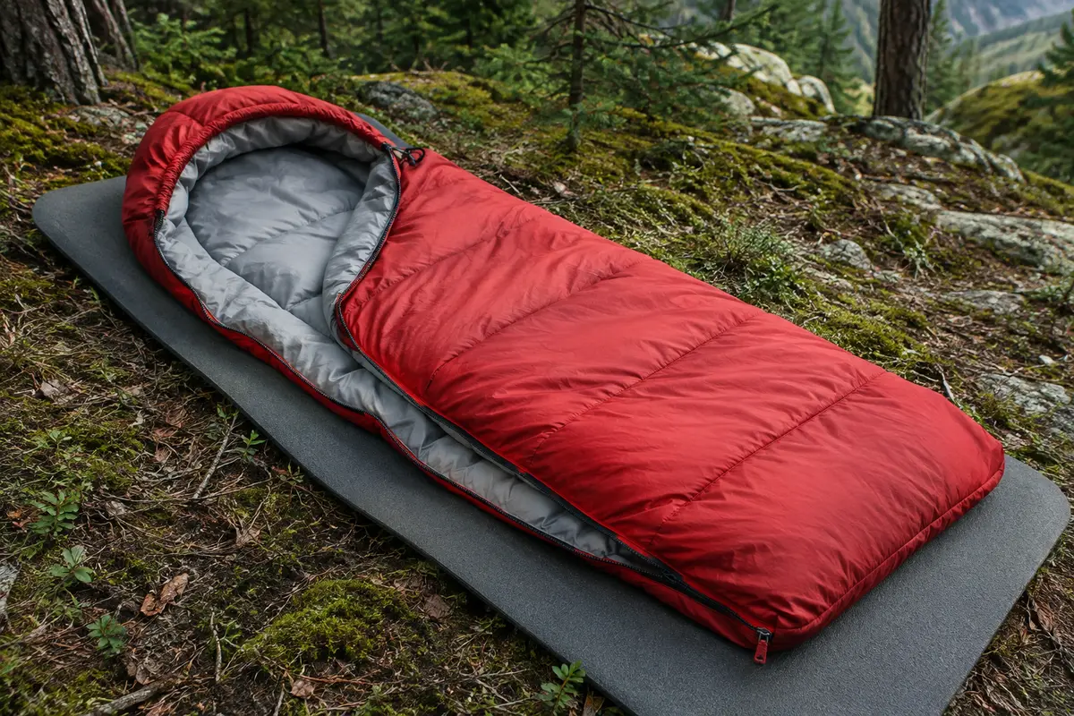 Sac de couchage rouge semi-rectangulaire à capuche, posé ouvert sur un tapis de sol en sous-bois