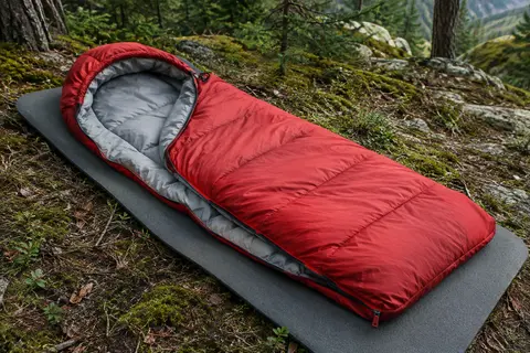 Sac de couchage rouge semi-rectangulaire à capuche, posé ouvert sur un tapis de sol en sous-bois