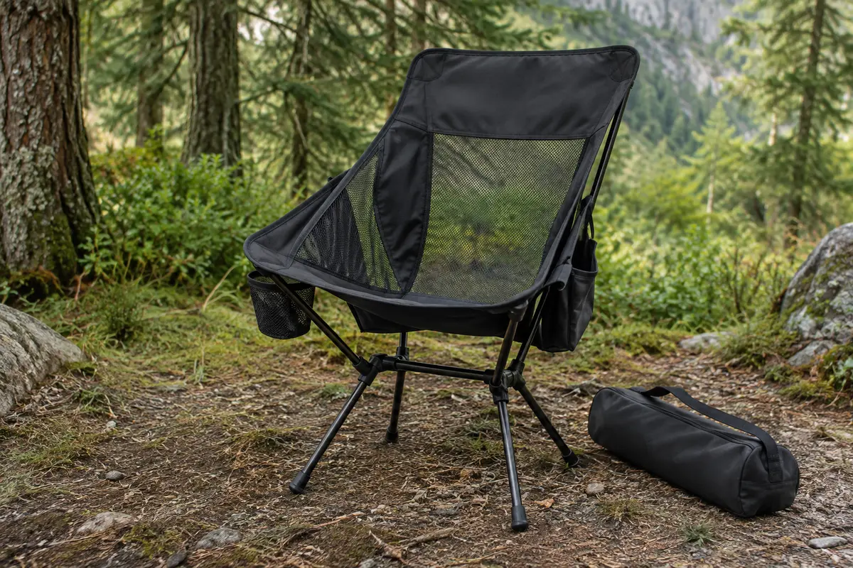 Chaise pliante noire TREKOLOGY YIZI GO avec panneaux en maille et sac de transport, posée en sous-bois.