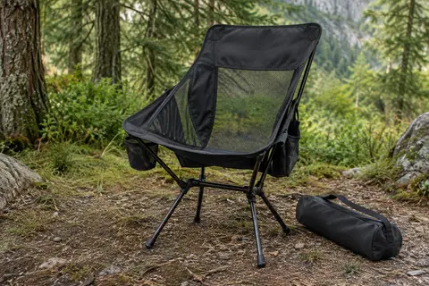 Chaise pliante noire TREKOLOGY YIZI GO avec panneaux en maille et sac de transport, posée en sous-bois.