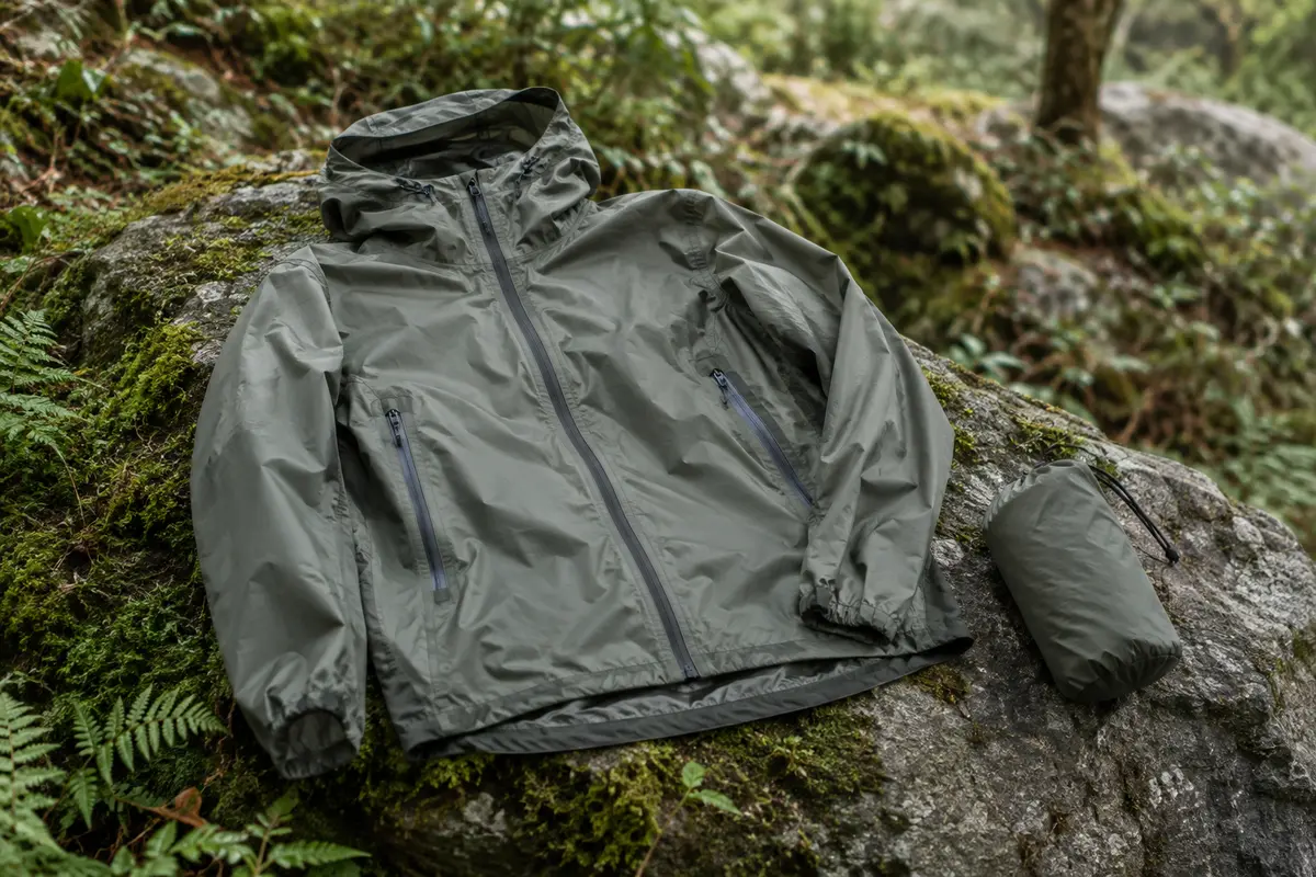 Veste imperméable Trespass Qikpac pliable et sa pochette posées sur un rocher en sous-bois.