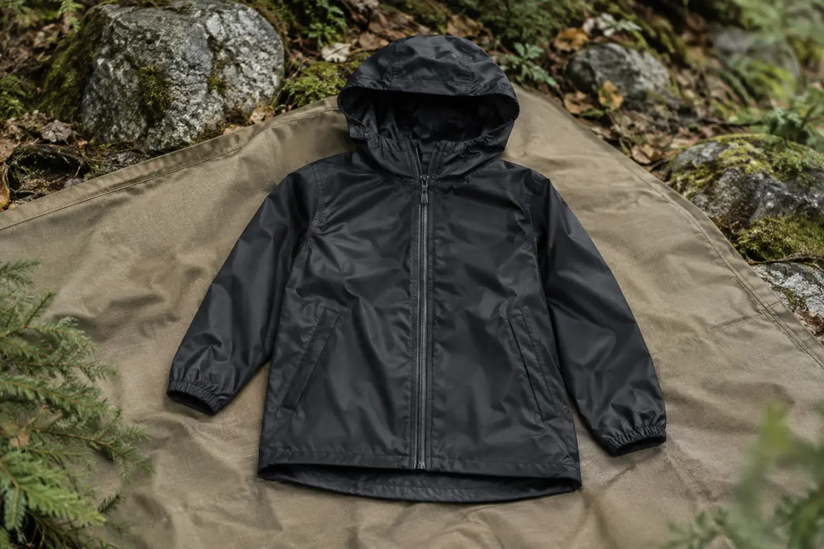 Veste de pluie noire pour enfant avec capuche, fermeture éclair et deux poches, posée dans un sous-bois.