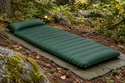 Matelas de bivouac gonflable vert forêt TRINORDIC avec oreiller intégré, installé dans un sous-bois