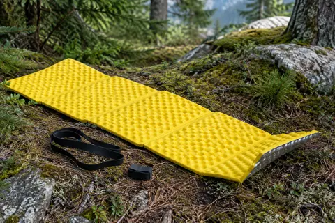 Tapis d’assise pliable jaune en mousse IXPE, avec surface en relief et élastique, posé en sous-bois.