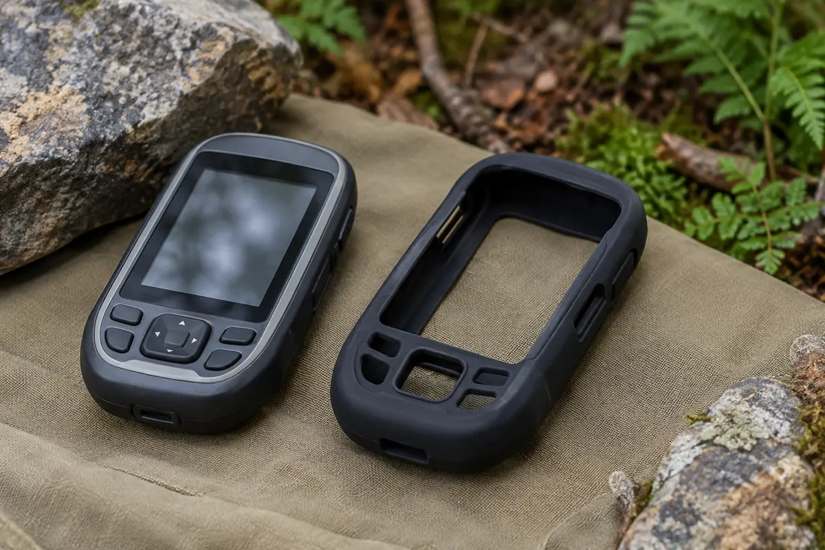 Coque souple noire en silicone pour GPS Garmin GPSMAP, posée près d’un GPS de randonnée.