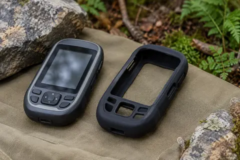 Coque souple noire en silicone pour GPS Garmin GPSMAP, posée près d’un GPS de randonnée.