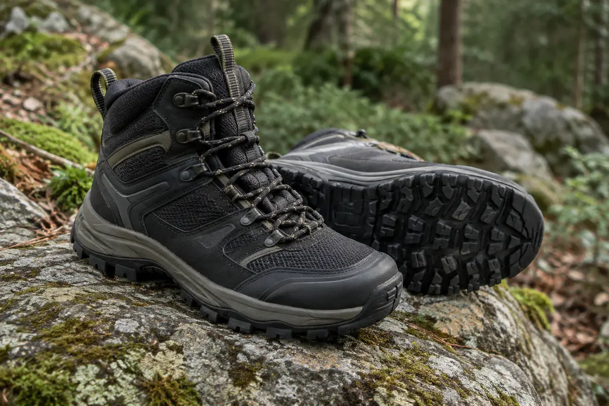 Bottines Under Armour mi-hautes avec tige renforcée et semelle en caoutchouc, posées sur une pierre en sous-bois