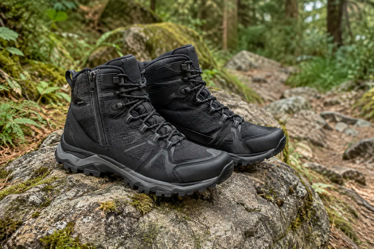 Paire de chaussures Under Armour Valsetz Zip noires et grises avec zip latéral, posée sur une pierre en sous-bois